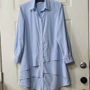 Finley Jenna Dress Shirt Sz S Long Sleeve Ruffle Tiered Blue/White Striped